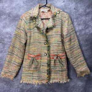 Flashback Couture Tweed Blazer Jacket Women Size M Fringe Trim Colorful Wool